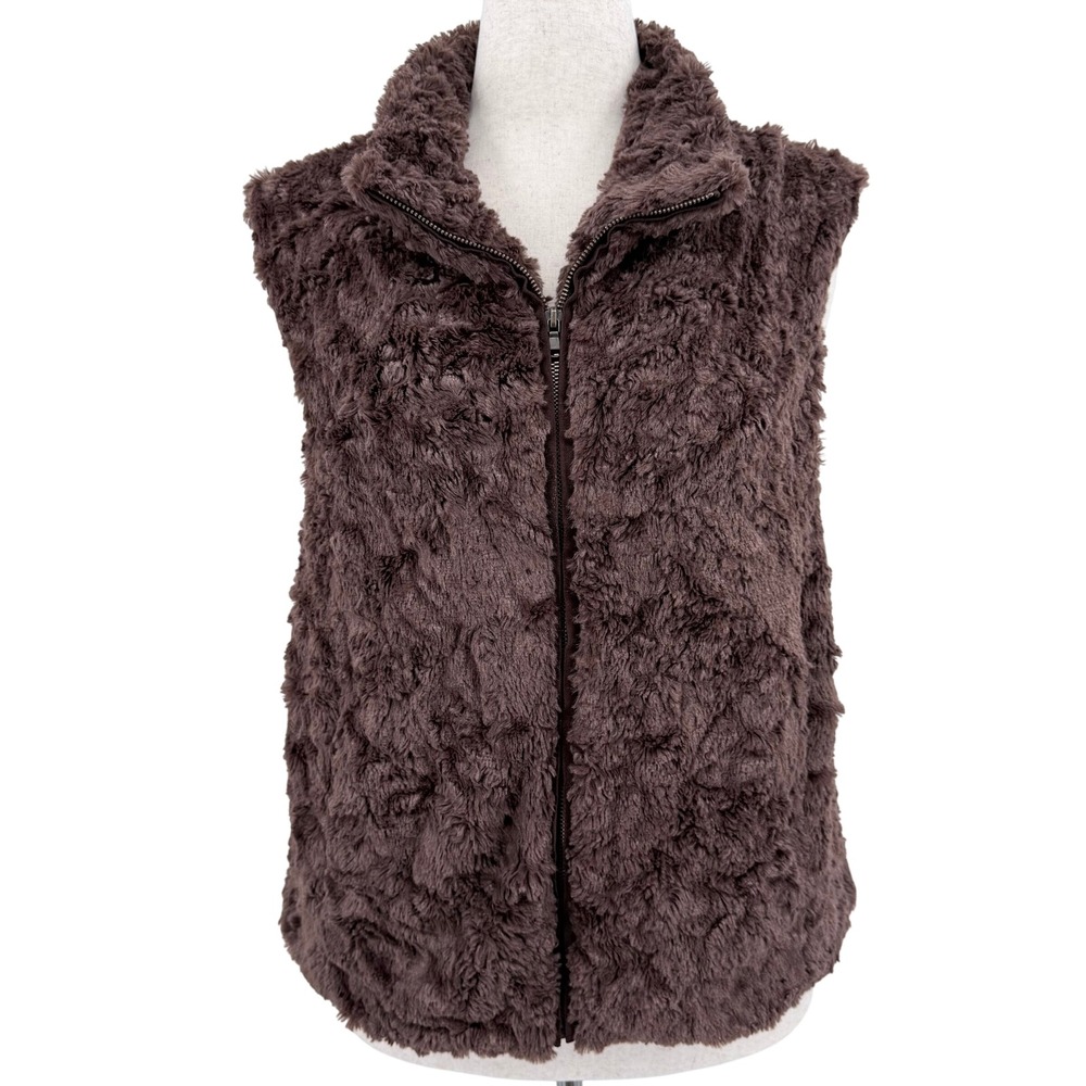 ii Sisters Brown Faux Fur‎ Zip Up Vest Women's XL Cozy Winter Outerwear Layer XL